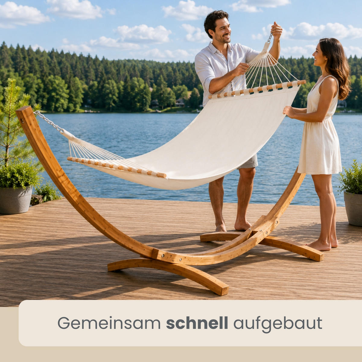 XXL-HÄNGEMATTE mit Holzgestell bis 150kg, 325/120cm, Beige - Beige, Holz (120/118/325cm) - Amanka