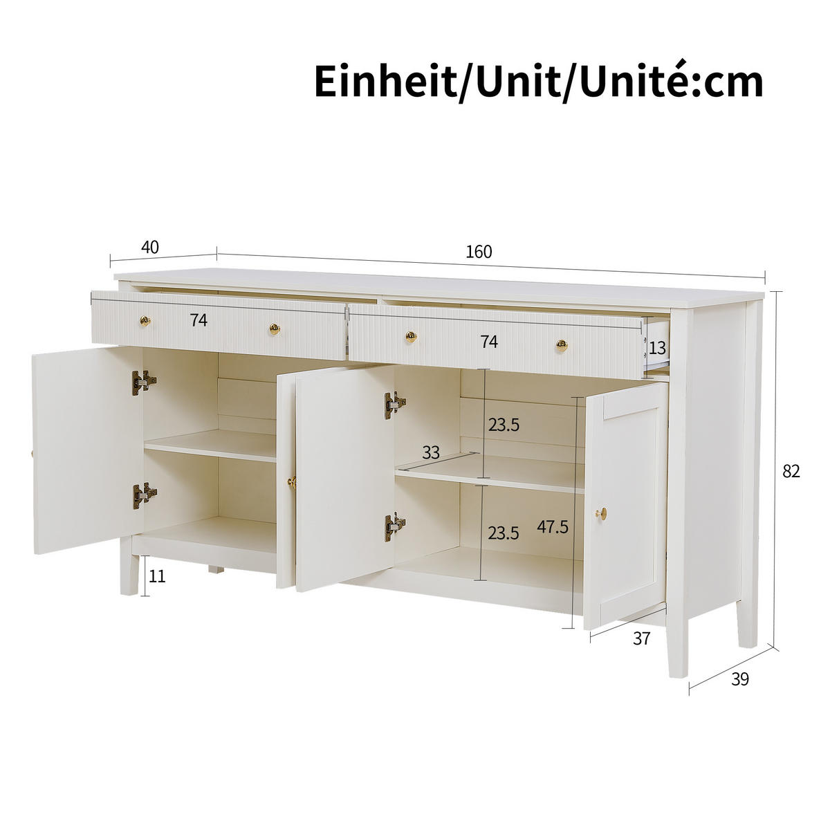 SIDEBOARD mit zwei Schubladen und vier Türen, goldene Griffe - Weiß - Weiß, Holz (39/82/160cm) - KOMHTOM