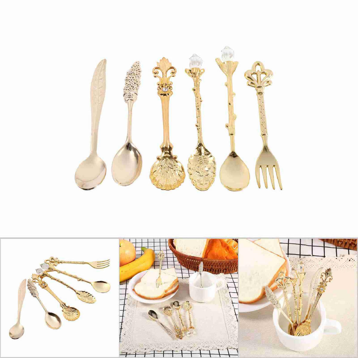 BESTECK-SET Gold 5 Löffel 1 Gabel, Kunstvolles 3D Muster, Deko Accessoire - Goldfarben, Metall