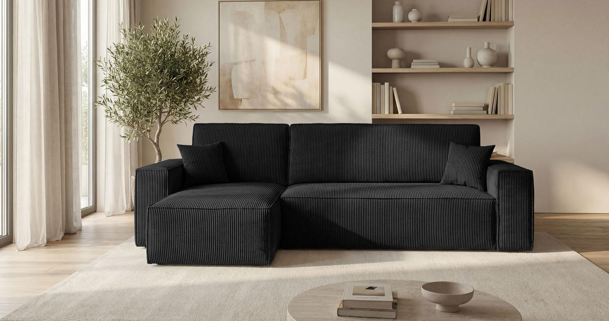 ECKSOFA CALIFORNIA MINI links schwarz Cord Poso 135 - Schlaffunktion, Bettkasten - Schwarz, Textil (245/140cm) - Cornero