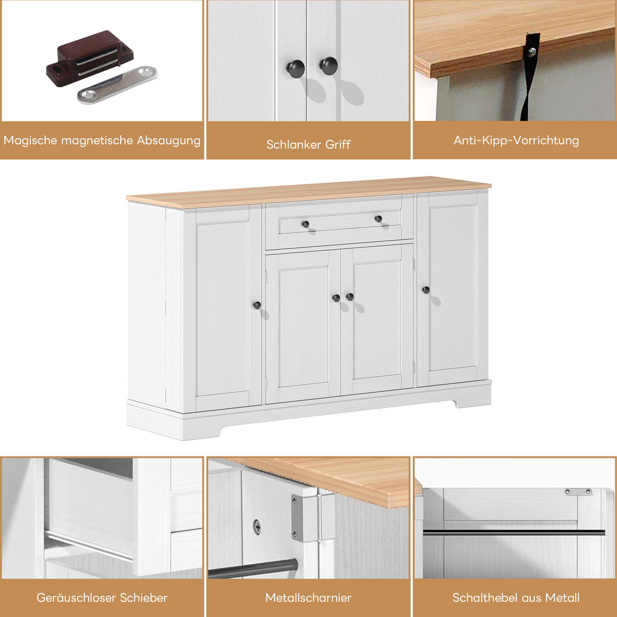 SIDEBOARD mit Schublade & Regaltüren, Natur/Weiß - Weiß, Holzwerkstoff (138/85/40cm) - Urban Meuble