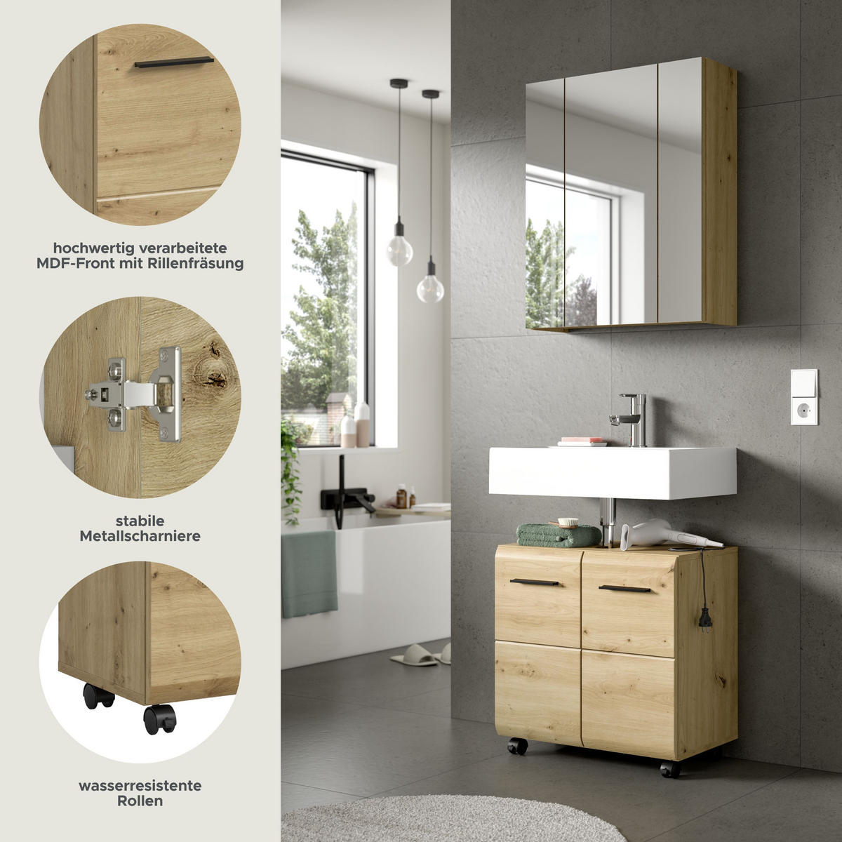 BADKOMBINATION AUF ROLLEN Ice Artisan Oak 60/30/185 cm - Braun, Holzwerkstoff (60/185/30cm) - Xonox