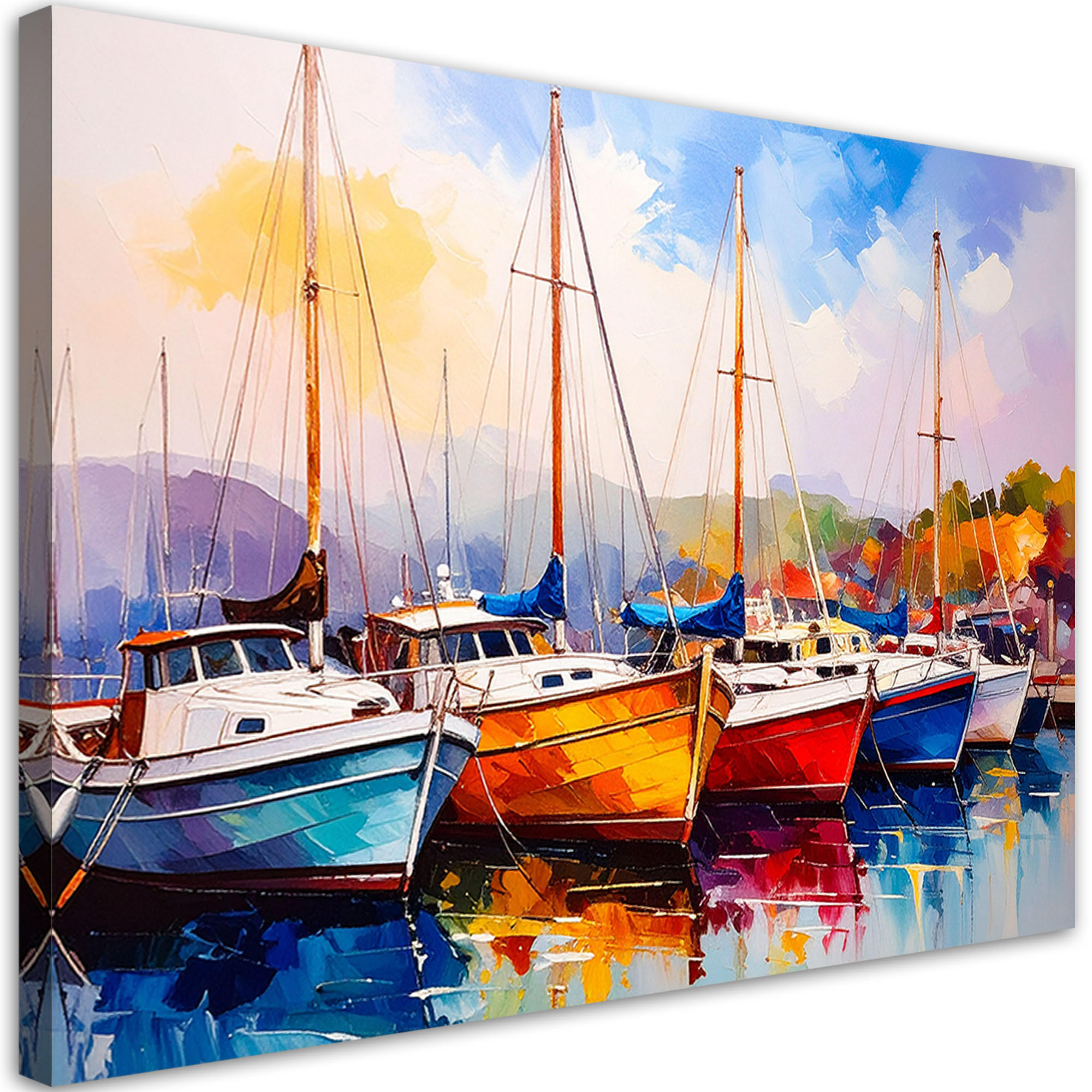 LEINWANDBILD Bunte Boote Schiffe Hafen 90x60cm - Multicolor, Textil (90/60cm) - Feeby