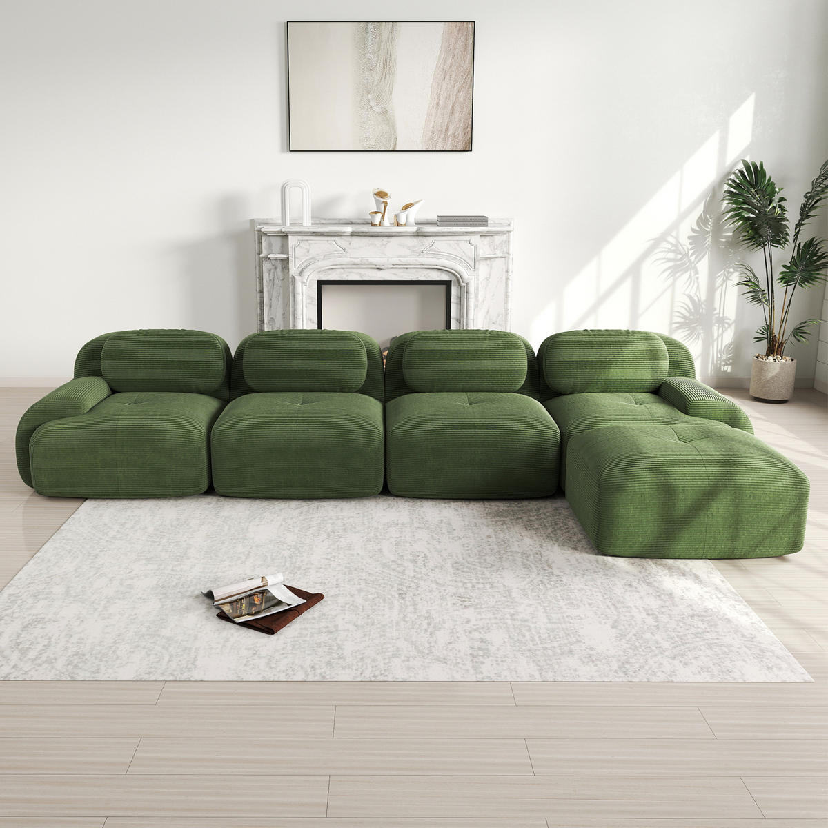 ECKSOFA modular rahmenlos mit 32D-Hochdichteschaum, rutschfester Unterseite und Cordbezug, Grün - Grün, Textil (388/178cm) - Redom