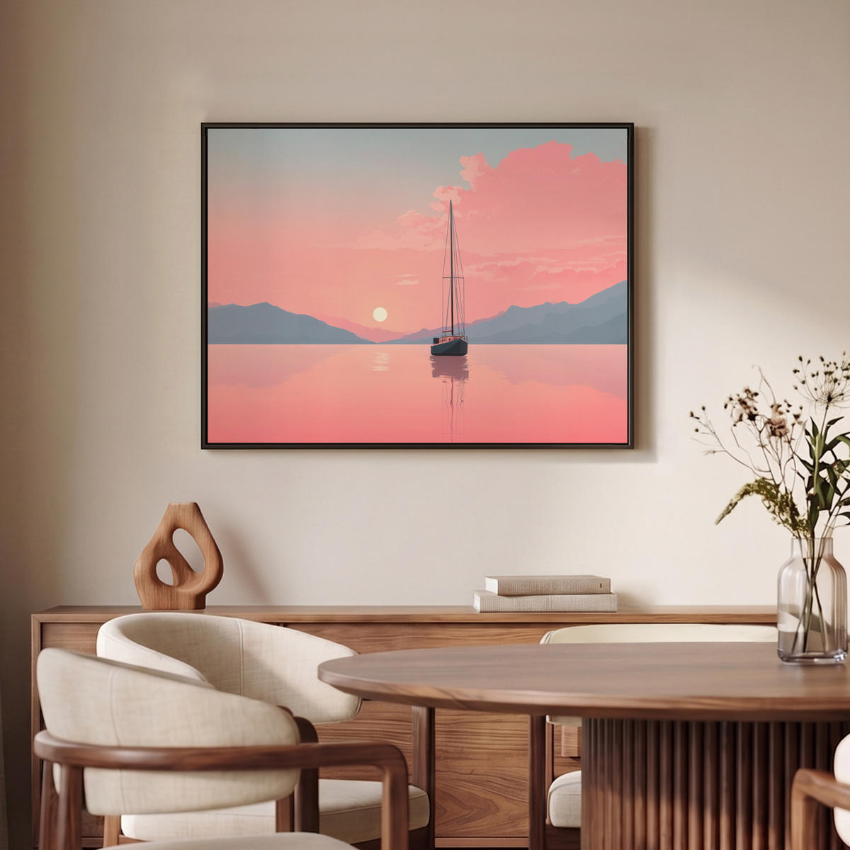LEINWAND Bilder mit Rahmen - Segelboot - Rosa Meer - Sonnenuntergang - Berge - 80x60 - Rosa, Textil (80/60cm) - MuchoWow