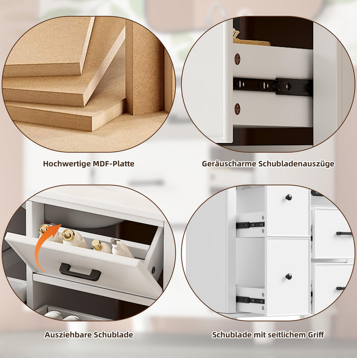 WASCHTISCH aus MDF und Keramik 76,5x47x83,5 cm Weiß mit 4 Schubladen und Klappschublade, integriertes Becken - Weiß, Keramik (76.5/83.5/47cm) - Modfu
