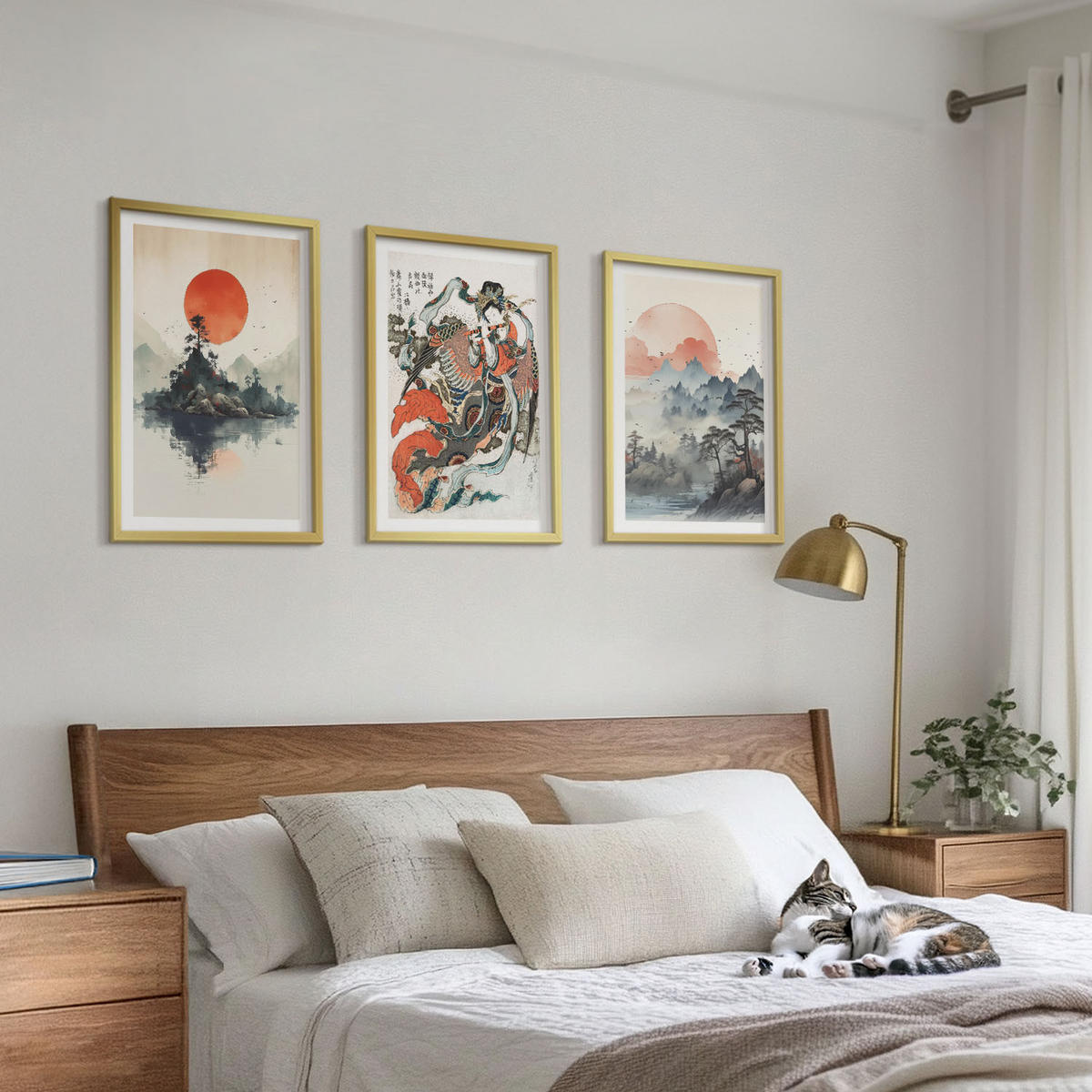 WANDBILDER 3er Set - 40x60 cm Goldrahmen - Asiatische Japandi-Malereien - Goldfarben, Kunststoff (40/60cm) - ArtPrintCave