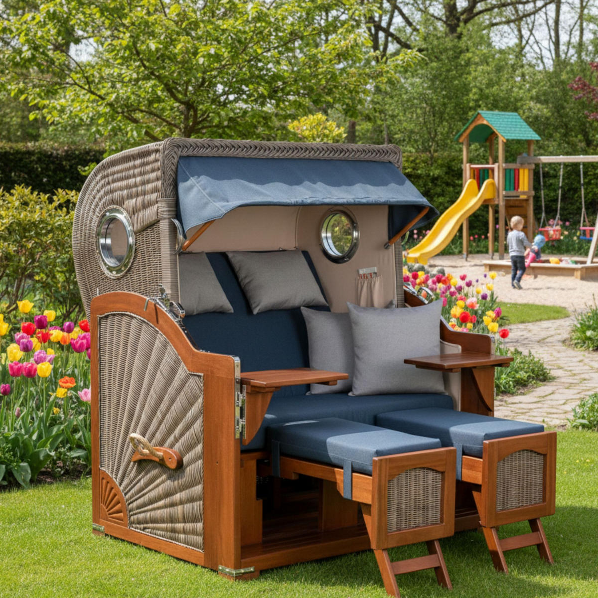 STRANDKORB XXL Düne Grande 2,5 Sitzer - Blau/Braun, Metall (142/170/95cm) - Mr. Deko