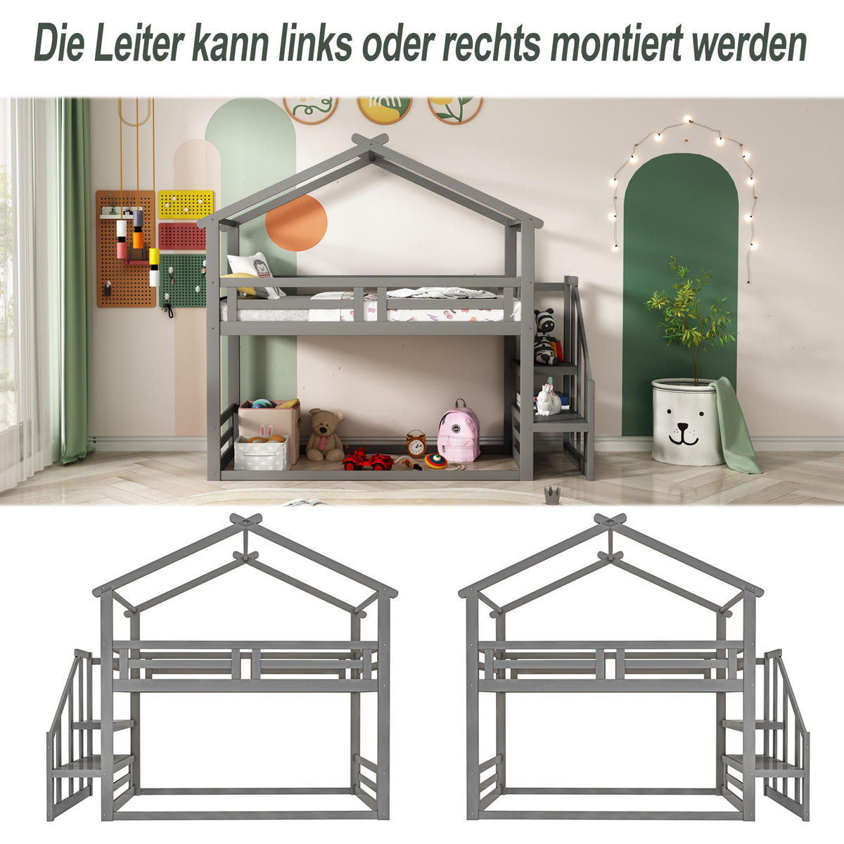ETAGENBETT 90x200 cm Treppe grau - Grau, Holz (90/200cm) - LEBENLANG