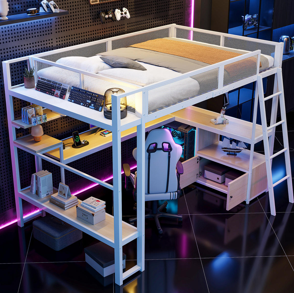 GAMING-HOCHBETT 140x200 cm in Weiß mit Schreibtisch, LED-Beleuchtung und Ladestation - Weiß, Holzwerkstoff (140/200cm) - IVMEU