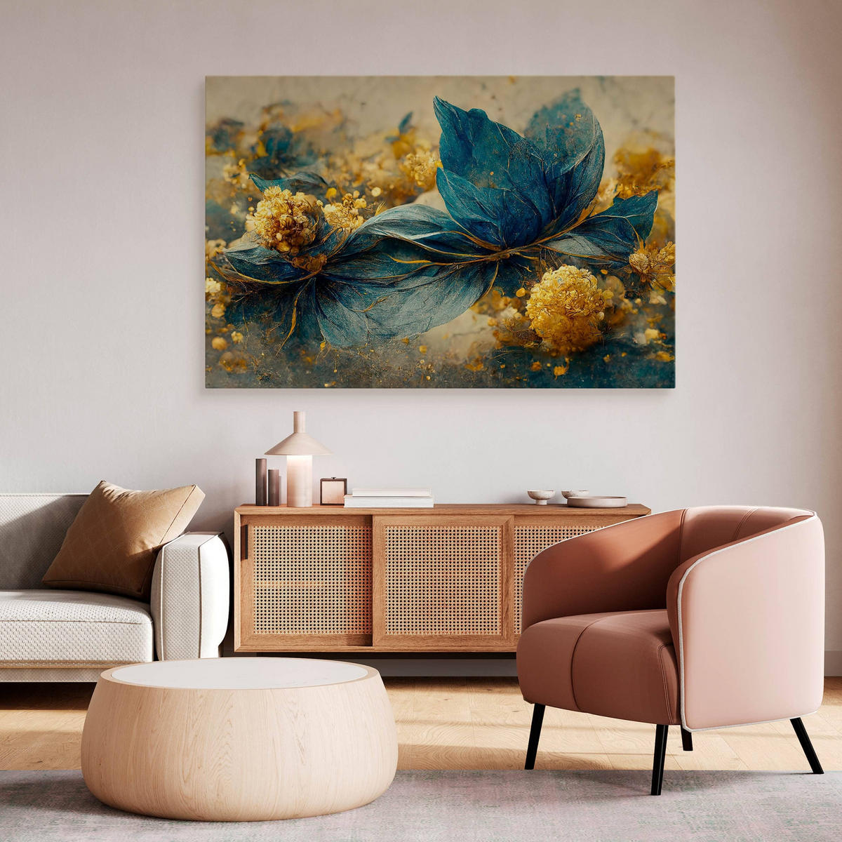 LEINWANDBILD Abstrakte Blumen Blätter 3D Glamour Stil 40cm x 30cm - Türkis/Blau, Textil (40/30cm) - Muralo