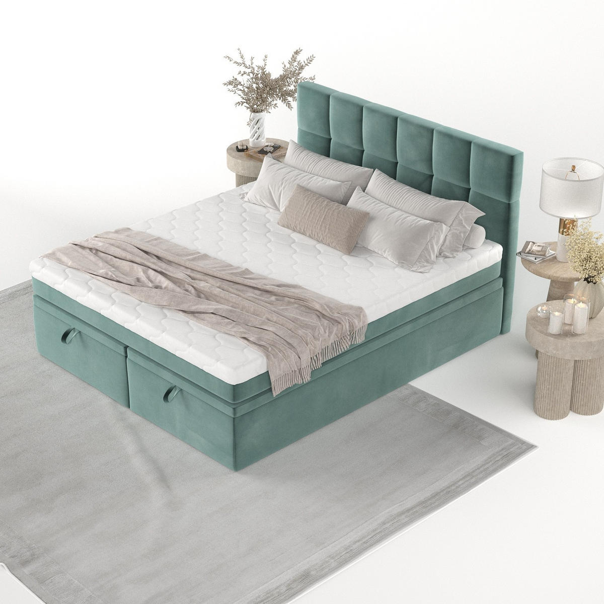 BOXBETT Elano 200/200 cm Türkis im Kronos Stoff - Türkis/Schwarz, Holz/Holzwerkstoff (200/200cm) - AltaBeds