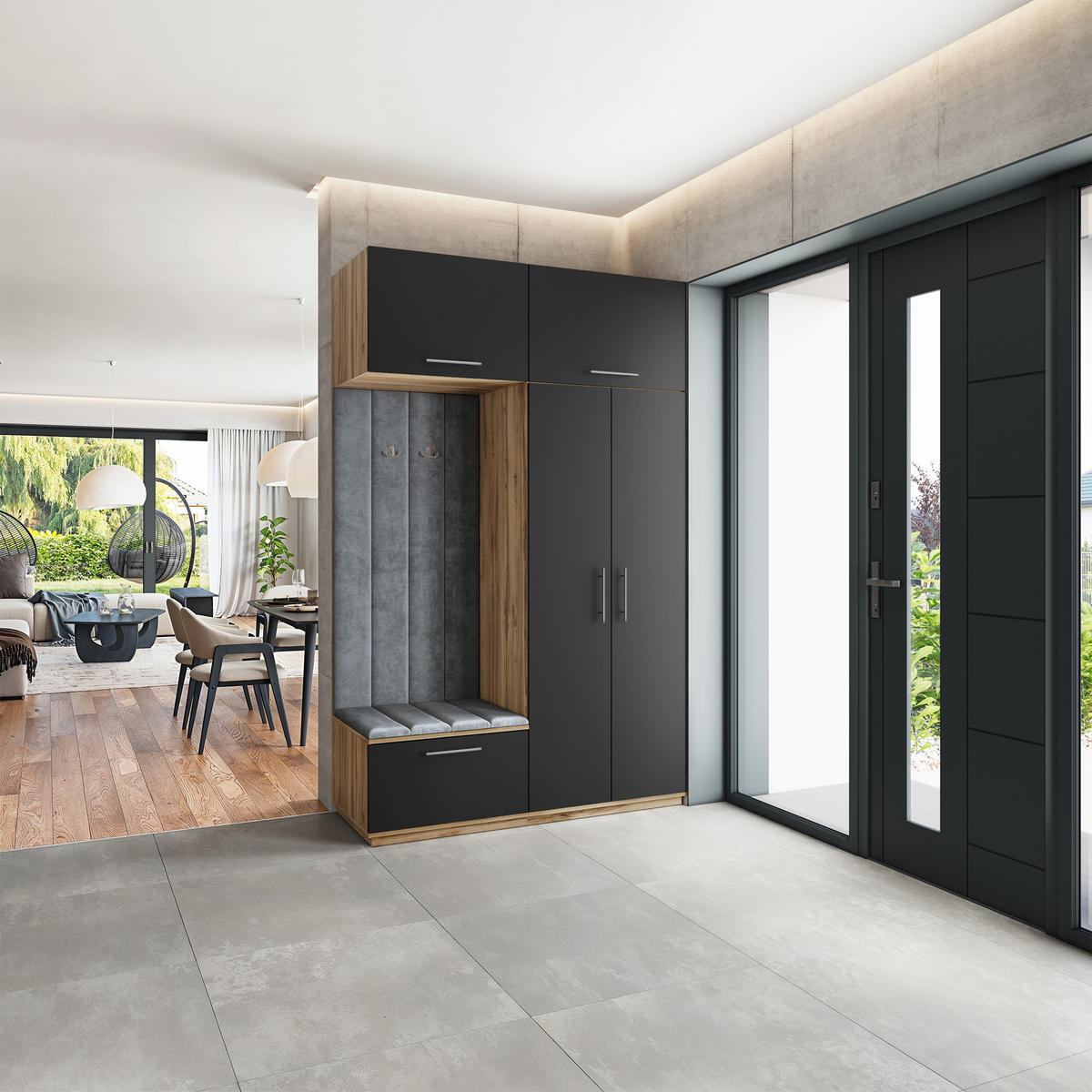 GARDEROBENSCHRANK REMA 150/240/60 cm Modern Garderobe-Set Eiche Wotan - Eiche Wotan/Schwarz, Holzwerkstoff (150/240/60cm) - MASSENO