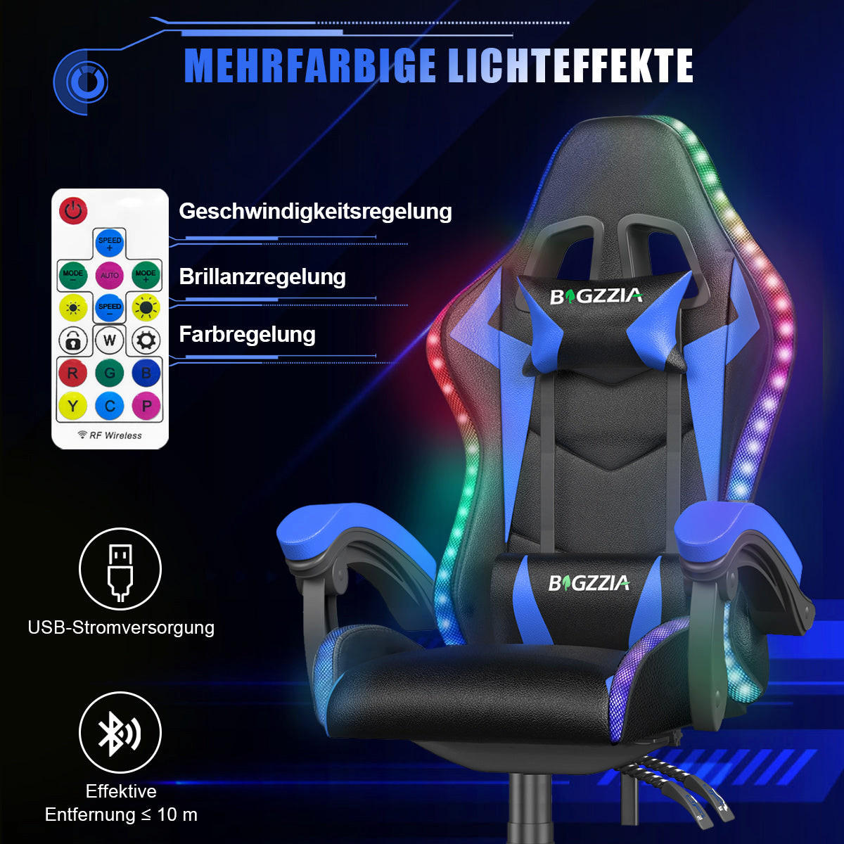 GAMING-STUHL LED, höhenverstellbar, Lenden- & Kopfstütze – Schwarz/Blau - Blau, Leder (53.5/117/54cm) - Rattantree