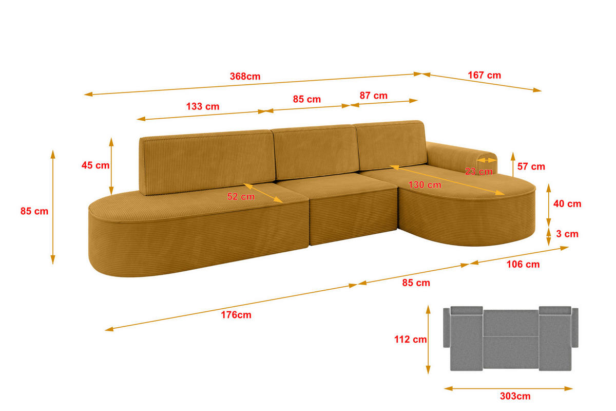 ECKSOFA mit Schlaffunktion Ottomane RECHTS MARI L2-S 368X167X85 Senfgelb Cord - Goldfarben/Schwarz, Holzwerkstoff/Kunststoff (167/368cm) - ALTDECOR