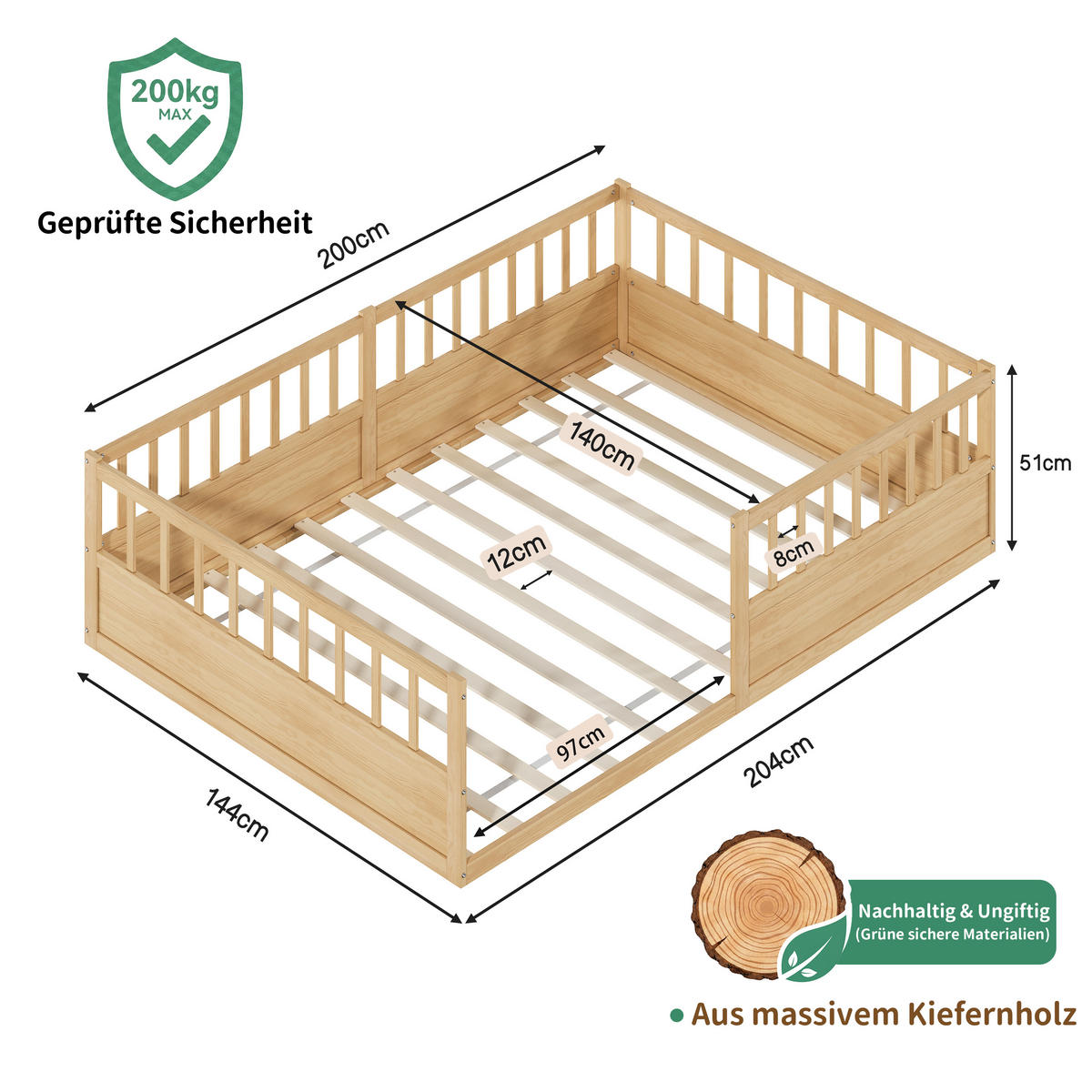 KINDERBETT 140/200 cm in Natur Massivholz mit Rausfallschutz und Lattenrost - Naturfarben, Holzwerkstoff/Metall (140/200cm) - WISHDOR