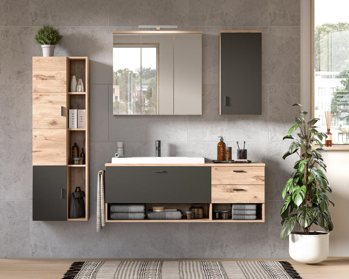 BADMÖBEL-SET Eiche, grau matt 5-teilig 200 cm, Kombination mit Waschbecken - Eichefarben/Grau, Holzwerkstoff (203/192/48cm) - Inn.Furn