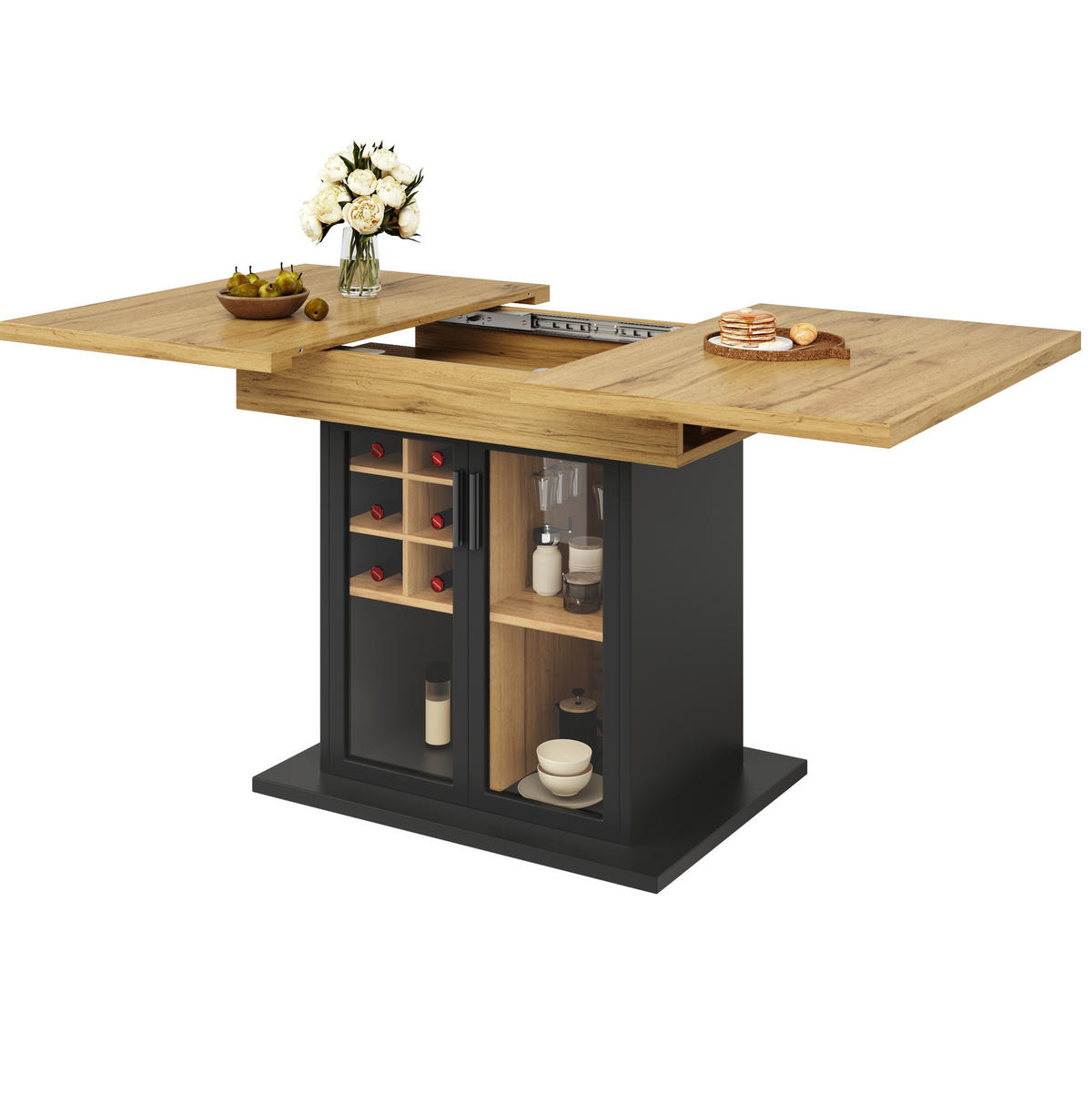ESSTISCH 110-140x80x76 cm aus MDF mit Weinregal und Glastür ausziehbar - Naturfarben, Holzwerkstoff (80/140/76cm) - Modfu