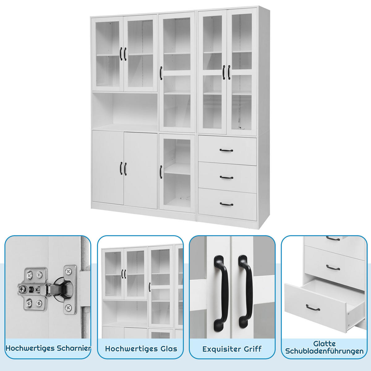 VITRINE in Weiß Vitrinenschrank-Set mit LED-Beleuchtung, 8 Türen und 3 Schubladen für Wohnzimmer, B180/T40/H200 cm - Weiß, Holzwerkstoff (180/200/40cm) - STILVORA