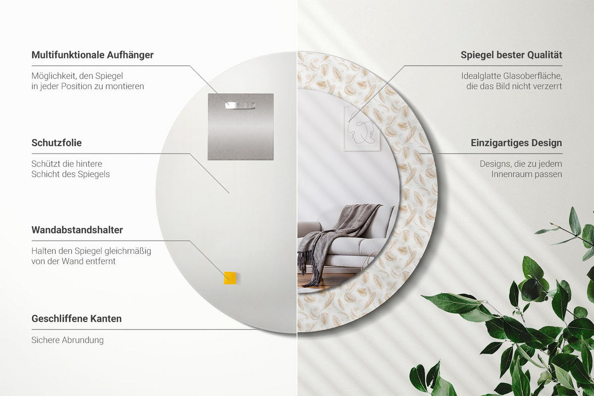 SPIEGEL Rund Ø 50 cm mit Aufdruck - Creme, Glas (50/50/0.4cm) - Wallfluent