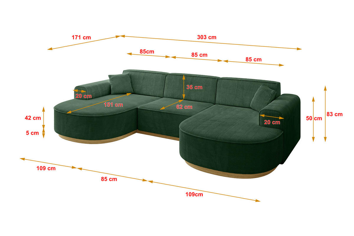 WOHNLANDSCHAFT MARI-U1-v2 - 303x171x83 cm Grün Cord - Grün, Holzwerkstoff/Textil (303/83/171cm) - ALTDECOR