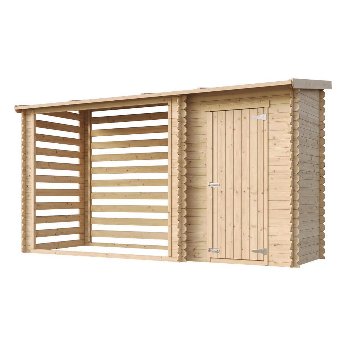 BRENNHOLZLAGER aus Holz mit Geräteraum 3,64 m², Kaminholzregal mit Pultdach, ca. 3,8 m³ Brennholzkapazität, 348 x 146 x 199 cm (B x T x H) - Naturfarben, Holz (348/199/146cm) - Timbela