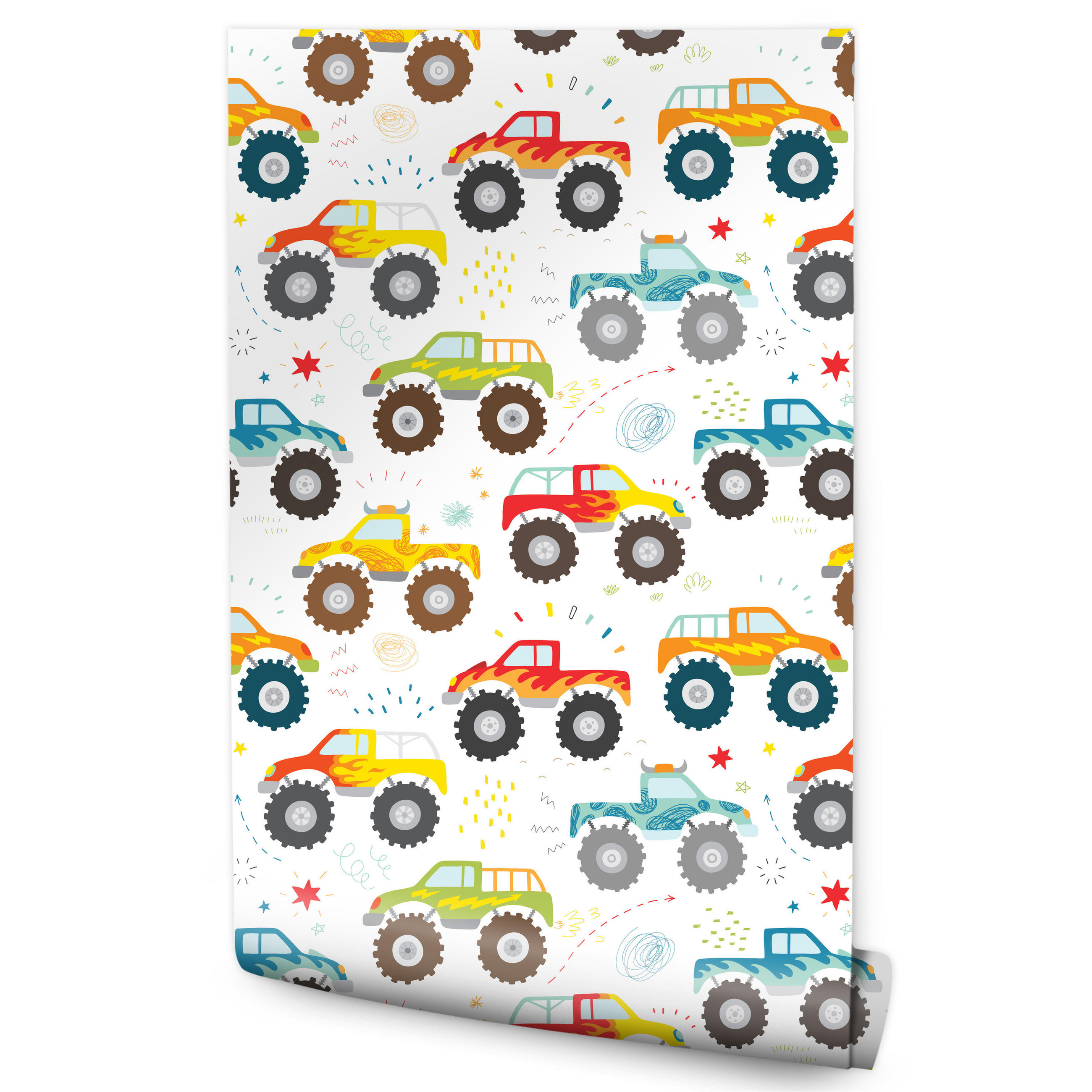 VLIESTAPETE Monstertrucks – Bunt, Weiß – 50x1000 cm - Multicolor/Weiß, Papier (50/1000cm) - Muralo