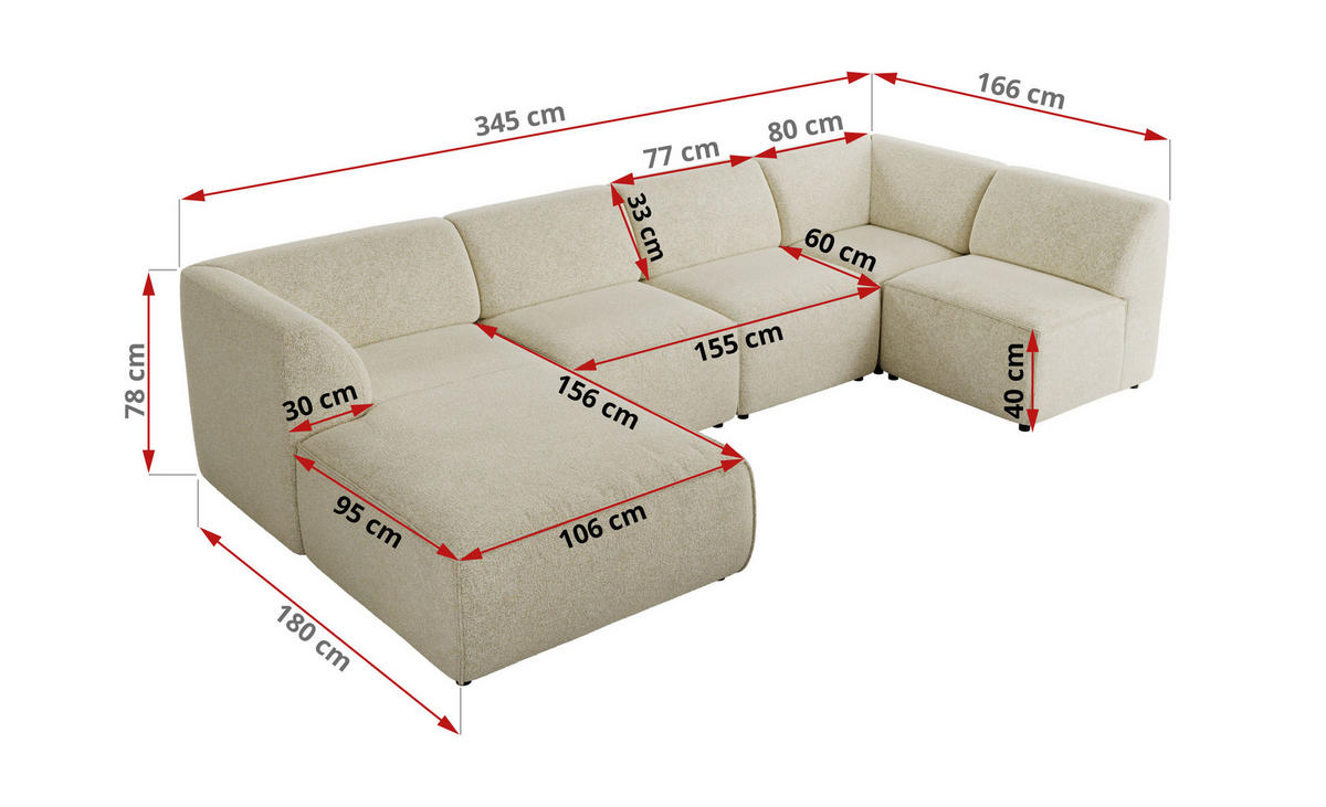 WOHNLANDSCHAFT MODARO U 5M - Creme Struktur - Rechts - Creme/Schwarz, Textil (345/78/180cm) - MKS