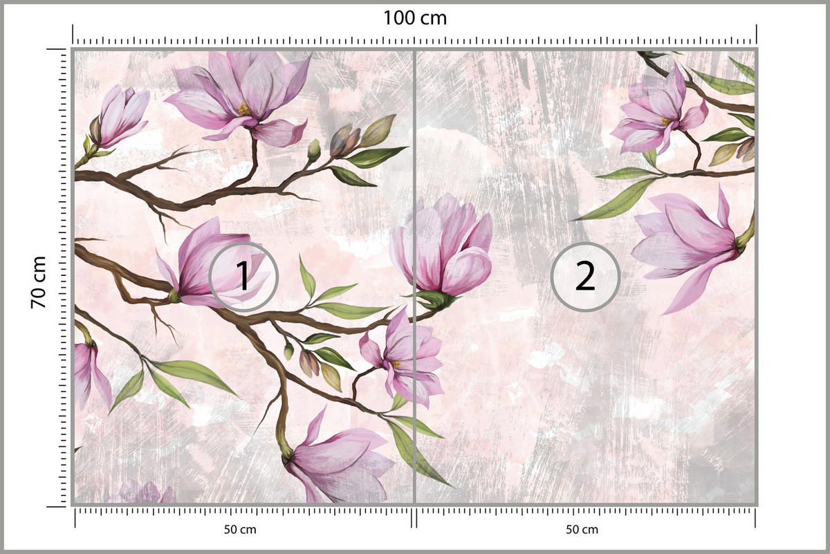 FOTOTAPETE für Schlafzimmer Rosa Magnolienblüten Botanisch 100x70 - Beige/Violett, Papier (100/70cm) - Muralo