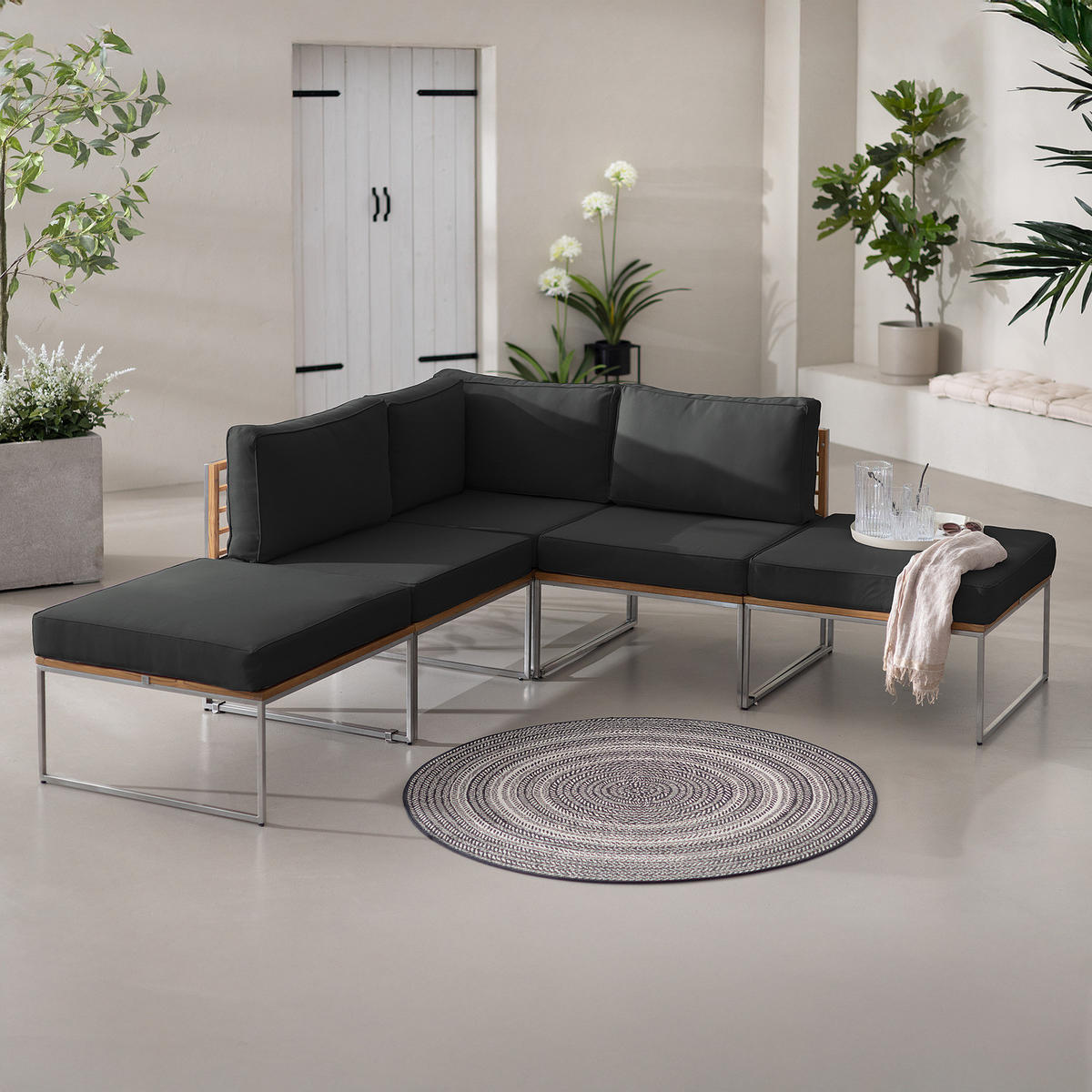 LOUNGESET - 5-teilig - Webstoff / Teak massiv - Anthrazit, Holz/Textil - home24