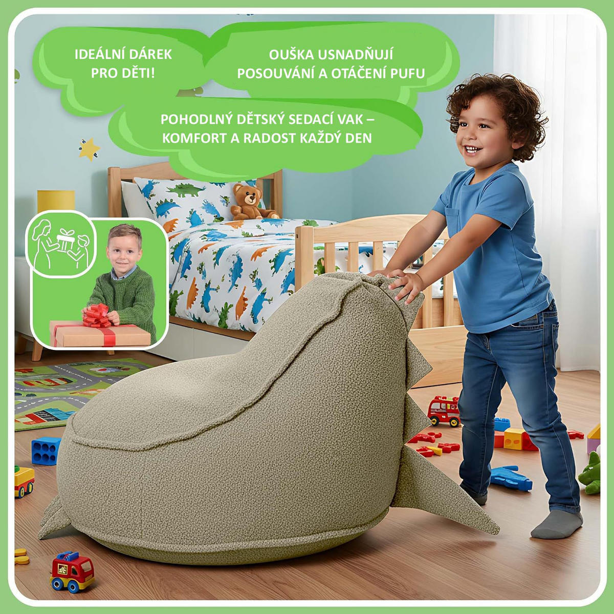 SITZSACK FÜR KINDER Dino 75/75/55 cm, weicher Bouclé 315 g/m², abnehmbarer Bezug, Toasted Almond - Beige, Textil (75/55/75cm) - Dreamroots