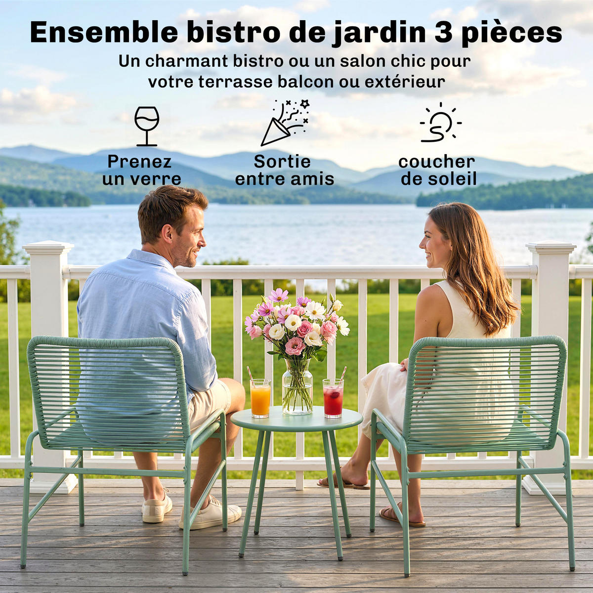 BISTROTSET 3tlg DE-13705 mit rundem Tisch Grün - Grün, Metall - ComfortXL