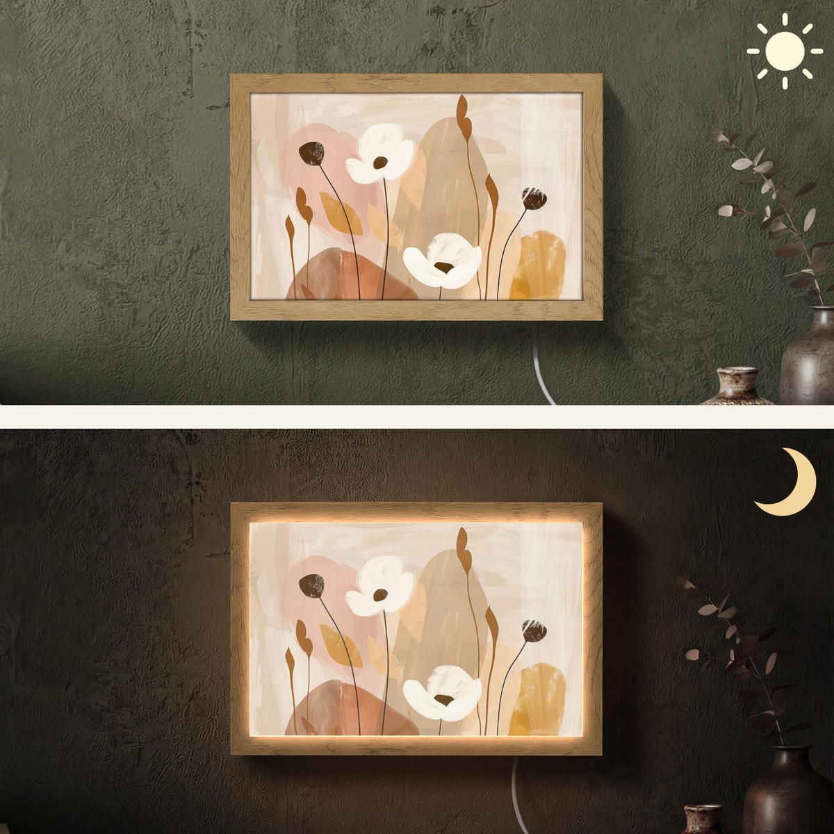 WANDLEUCHTE Blumen - Abstrakt - Beige - Strichzeichnung 30x20 cm - Sandfarben, Holzwerkstoff (30/20/8cm) - OnlyWow