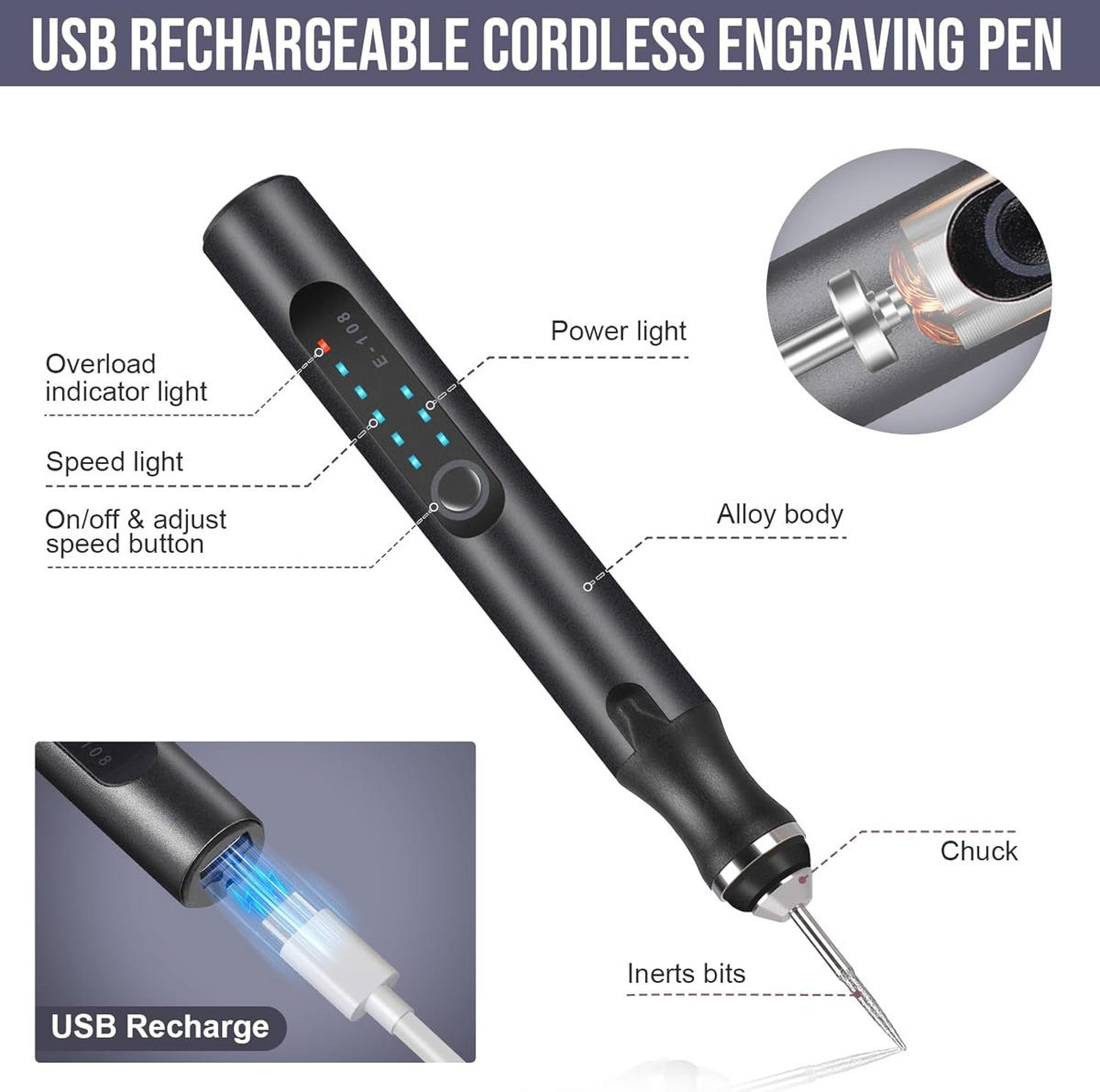 GRAVIERSTIFT – USB-wiederaufladbares Gravierwerkzeug-Set – Enthält 37 Spitzen und 5 Schablonen (schwarz) - Schwarz, Metall (21/14/4cm)