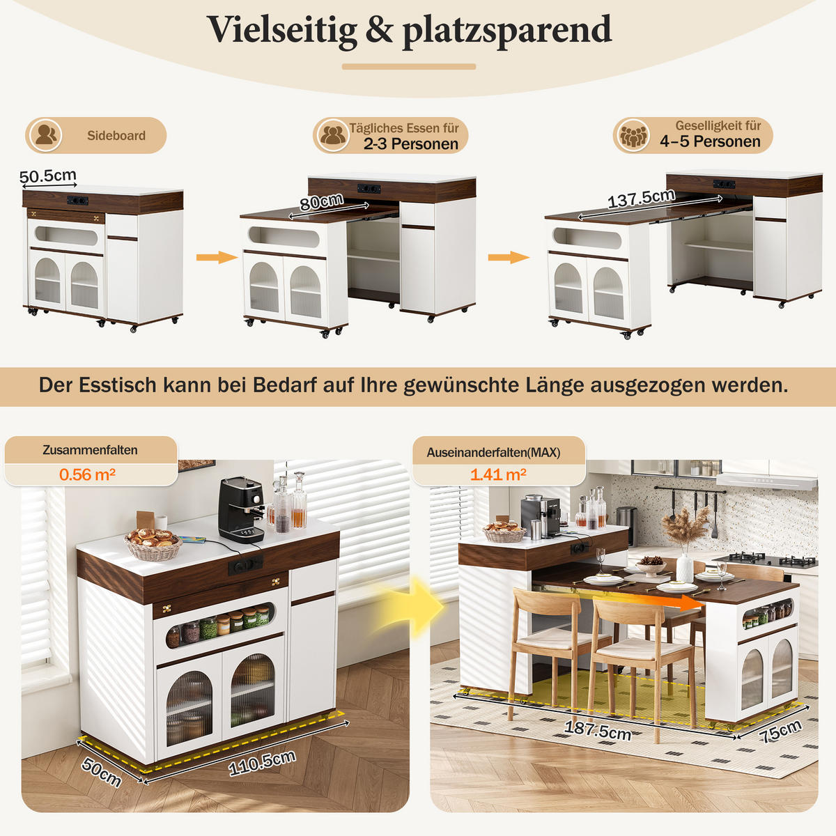 KÜCHENINSEL 50,5~187,5/110,5/95,5 cm weiß walnussfarben aus MDF mit Auszug und Steckdosen - Walnussfarben, Holzwerkstoff (110.5/95.5/50.5cm) - OKWISH