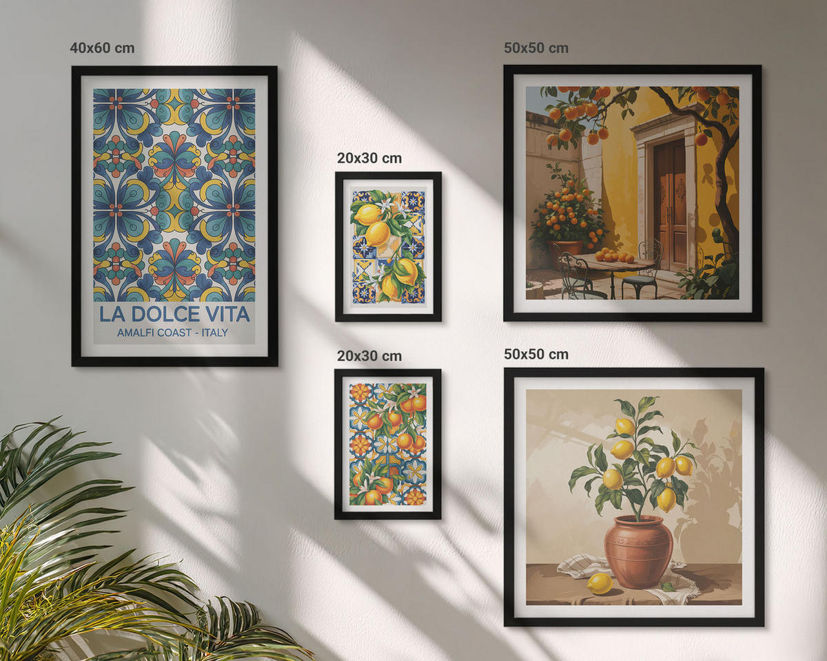 BILDER SET 5er Set - 50x50 cm & 20x30 cm & 40x60 cm Schwarzer Rahmen - Zitronen, Blumen, Orangen, Italien - Schwarz, Kunststoff (40/60cm) - TULUP