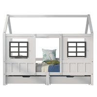 HAUSBETT aus Kiefer und MDF 200x90 cm Weiß mit 2 Schubladen, Fenstern und Hausdach - Weiß, Holzwerkstoff (90/200cm) - Modfu