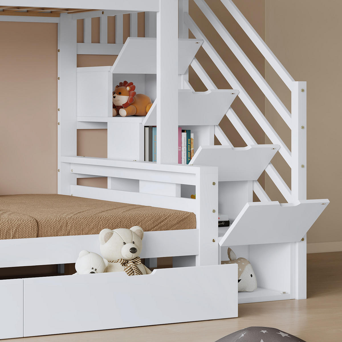 ETAGENBETT 90/200 cm & 120/200 cm in Weiß & Natur mit 2 Schubladen und Eck-Leiterschrank - Weiß, Holz/Holzwerkstoff (90/200cm) - STILVORA