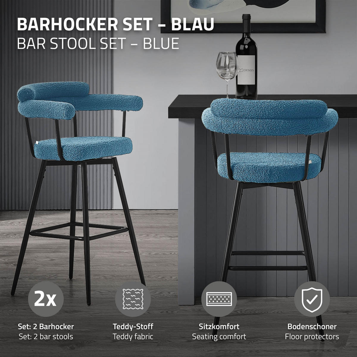 SADA 2 otočných barových židlí, modré s plyšovým potahem, výška 76 cm - modrá/černá, kov/textil (61/103/55cm) - ML-DESIGN