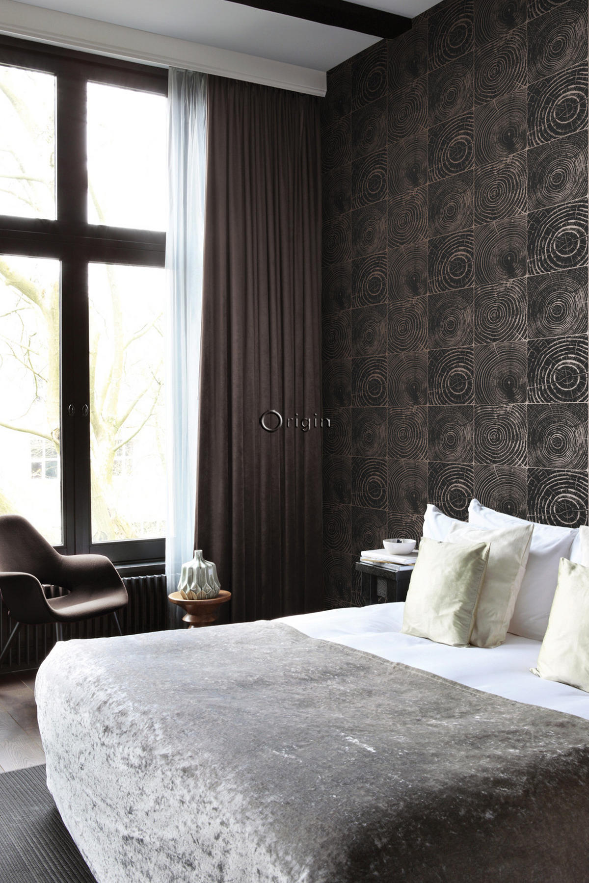 TAPETE Querschnitte von Baumstämmen 53 cm x 10.05 m - Schwarz, Papier (53/1000cm) - Origin Wallcoverings