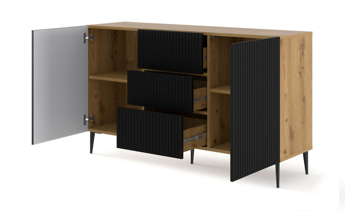 KOMMODE Artisan Eiche, Schwarz, Schwarz 150/87/42 - Schwarz, Holzwerkstoff (150/87/42cm) - RAUMHIRSCH FURNITURE