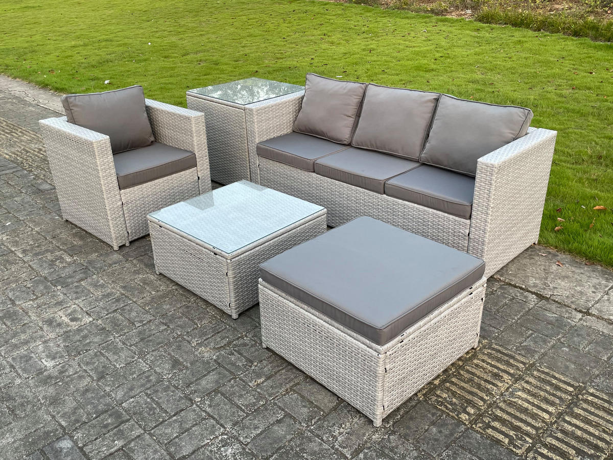 GARTENSOFA Polyrattan Helles Grau 5-Sitzer - Hellgrau, Metall - Fimous