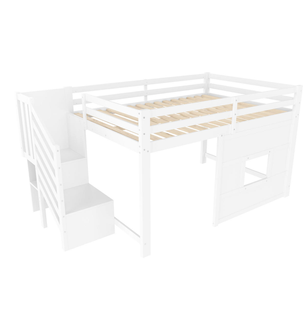 HOCHBETT 140/200 cm in Weiß – mit Stauraumtreppe, Fenster und Rausfallschutz - Weiß, Holzwerkstoff (140/200cm) - BEAOK