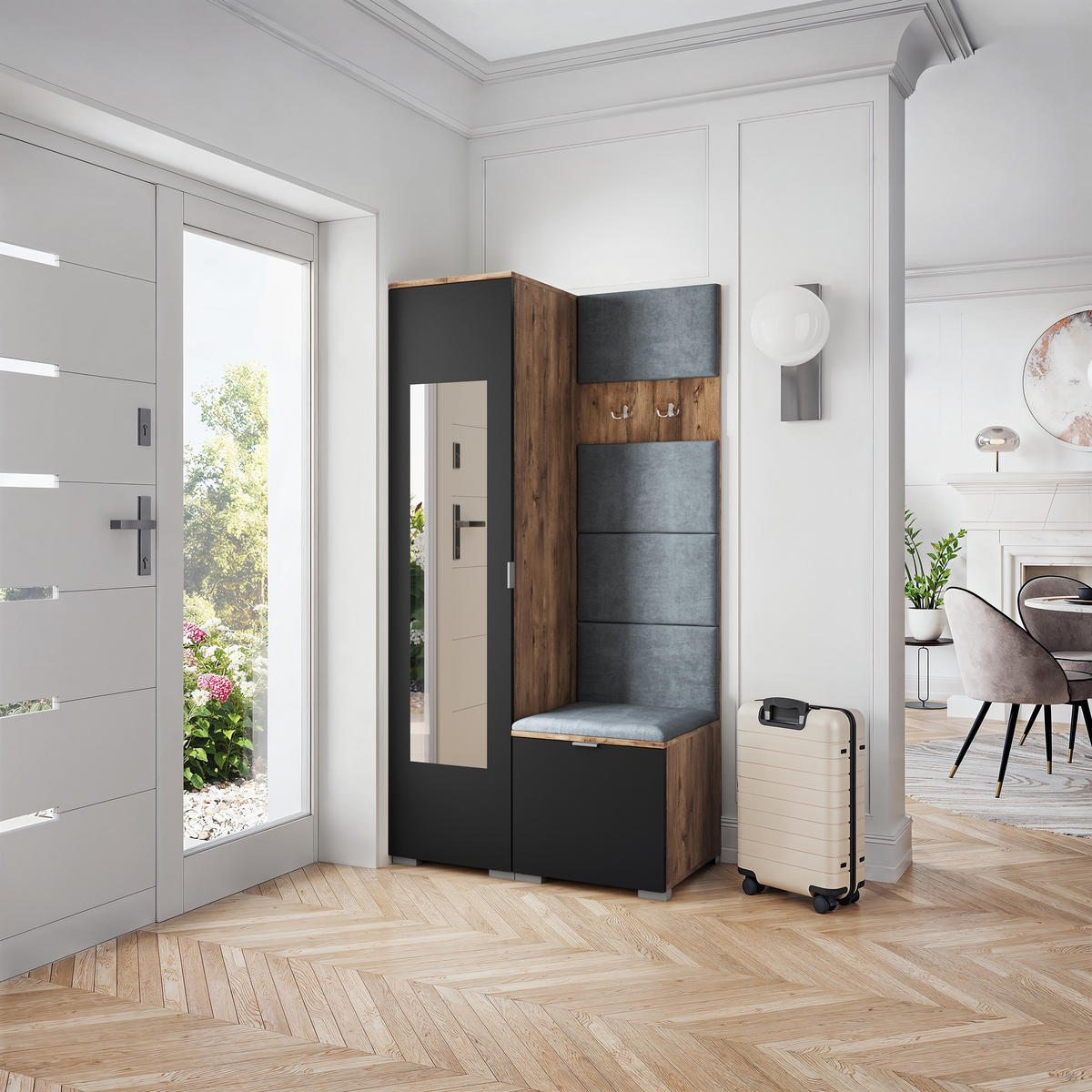 GARDEROBENSCHRANK VIRA 95/181/51 cm Modern Garderobe-Set Eiche Lefkas - Eichefarben/Schwarz, Holzwerkstoff (95/181/51cm) - MASSENO