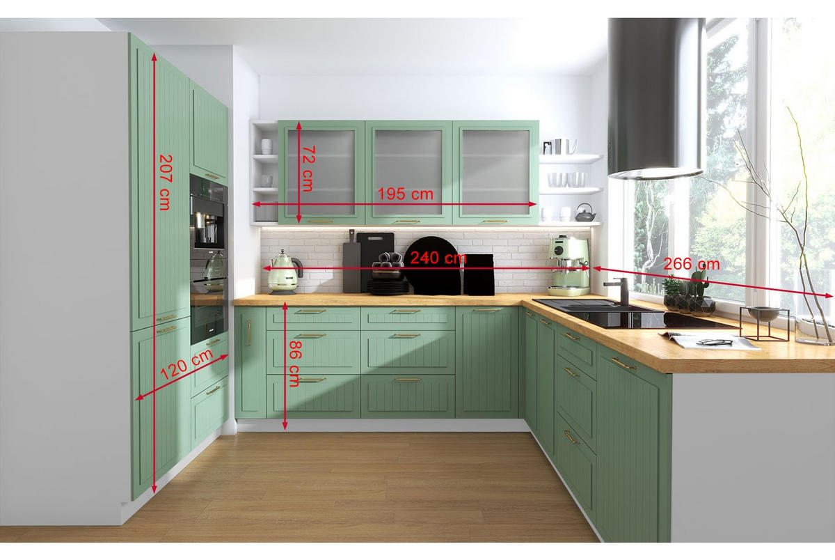 WINKELKÜCHE Livorno blassgrün matt / weiß matt 13-teilig mit Vollauszug (HETTICH InnoTech Atira) - Weiß/Grün, Holzwerkstoff/Metall (240/207/266cm) - Feldmann-Wohnen