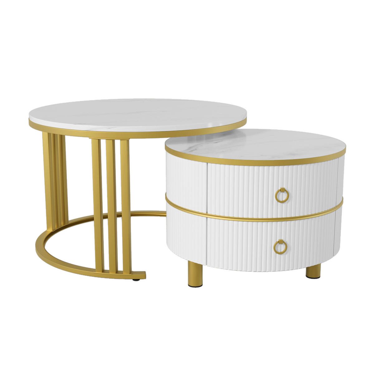 SADA konferenčních stolků 70/70/46 cm bílá z MDF se 2 zásuvkami - zlatá, kompozitní dřevo (70/70/46cm) - OKWISH