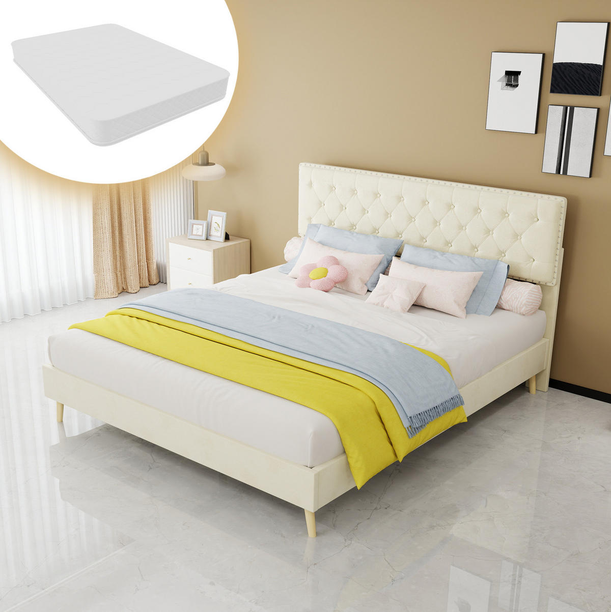POLSTERBETT aus Stoff und Metall 160x200 cm Beige mit hoher Samtkopfteil und Stauraum - Beige, Textil (160/200cm) - IVMEU