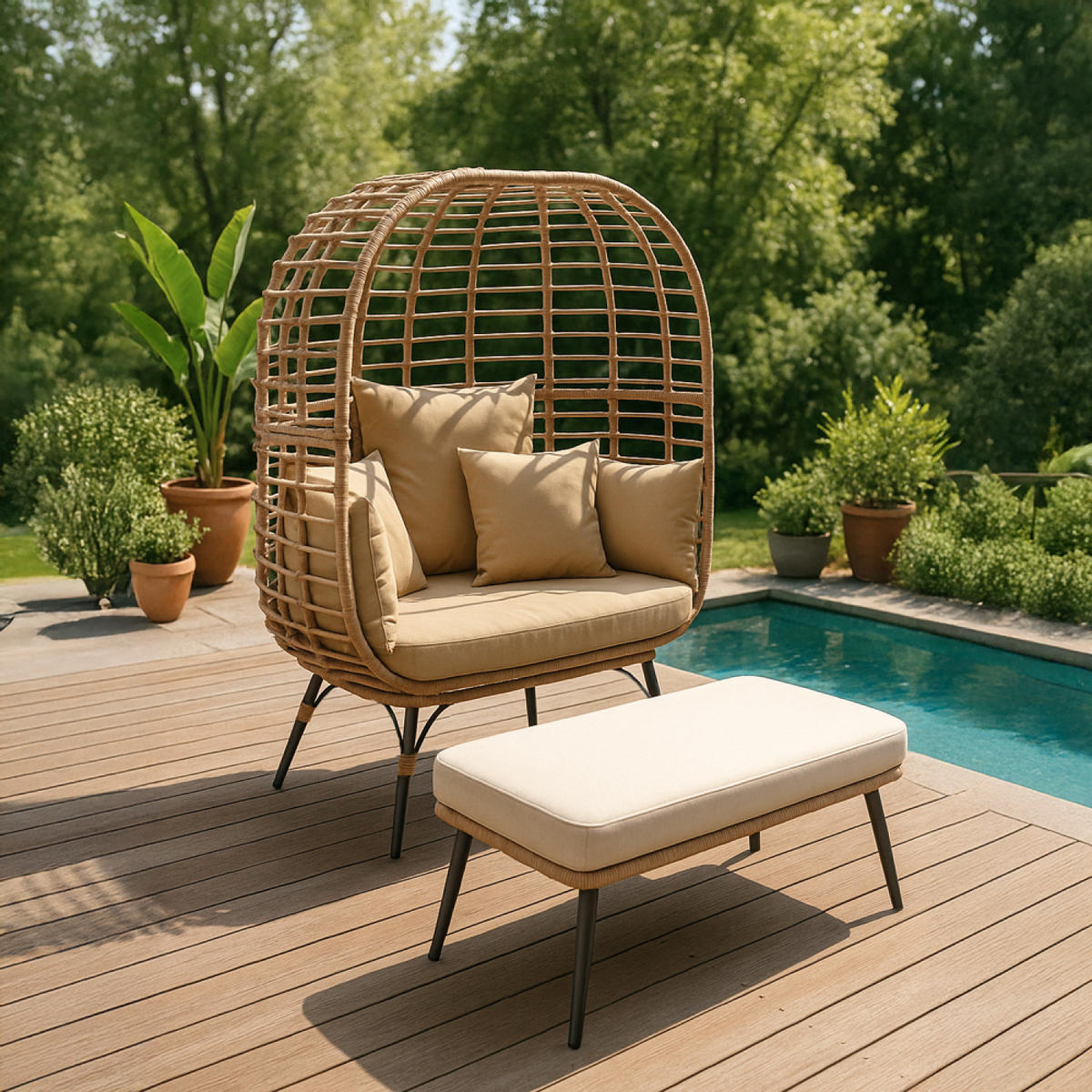 GARTENMUSCHEL Gestell Set mit Fußhocker und Kissen Beige Rattanoptik - Beige, Metall (70/148/130cm) - Concept Usine