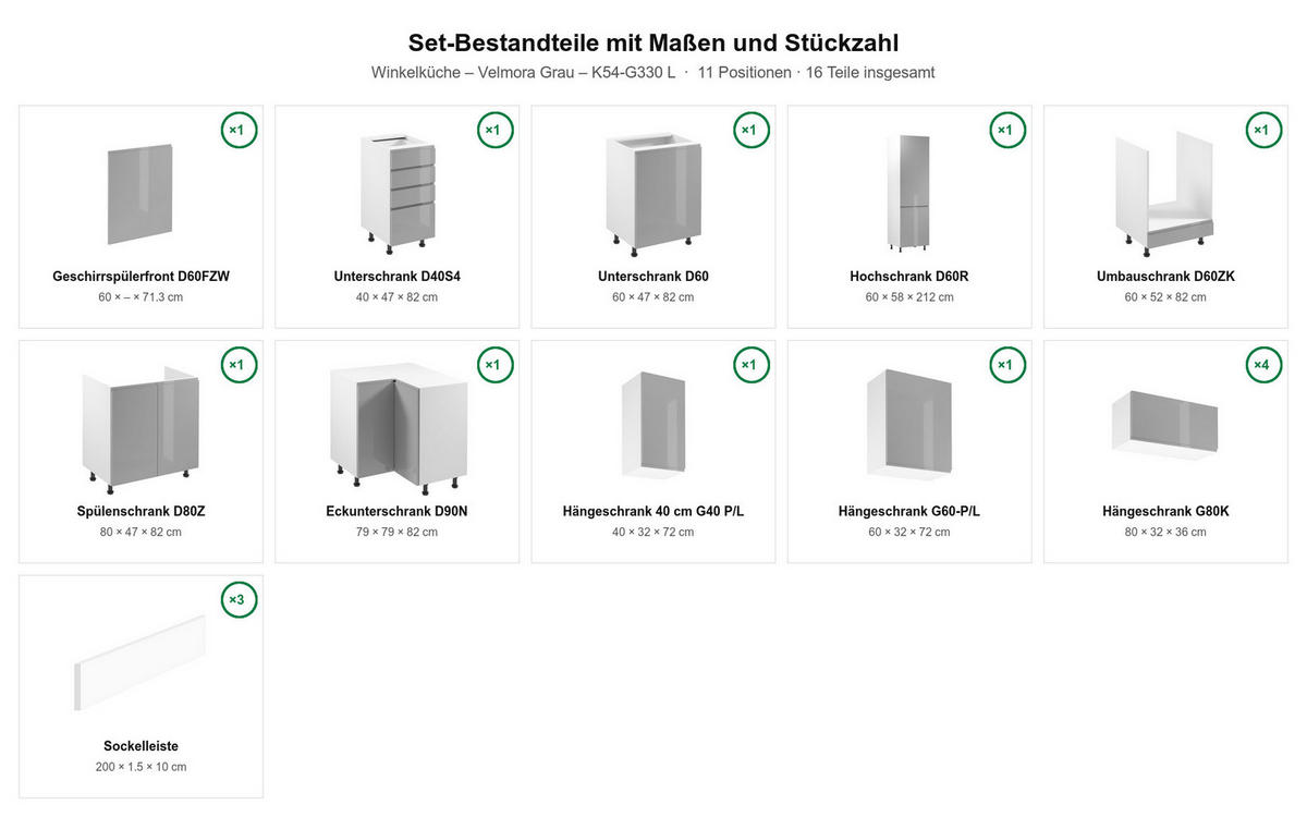 L-KÜCHE Velmora Grau Hochglanz – 330 × 210 cm – K54-G330 L - Grau, Holz (330/212/210cm) - ROYAL24_MARKT