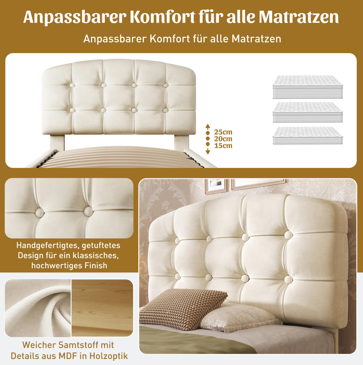 POLSTERBETT 90/200 cm Beige aus Samt mit höhenverstellbarem Kopfteil - Beige, Textil (90/200cm) - OKMYHOME
